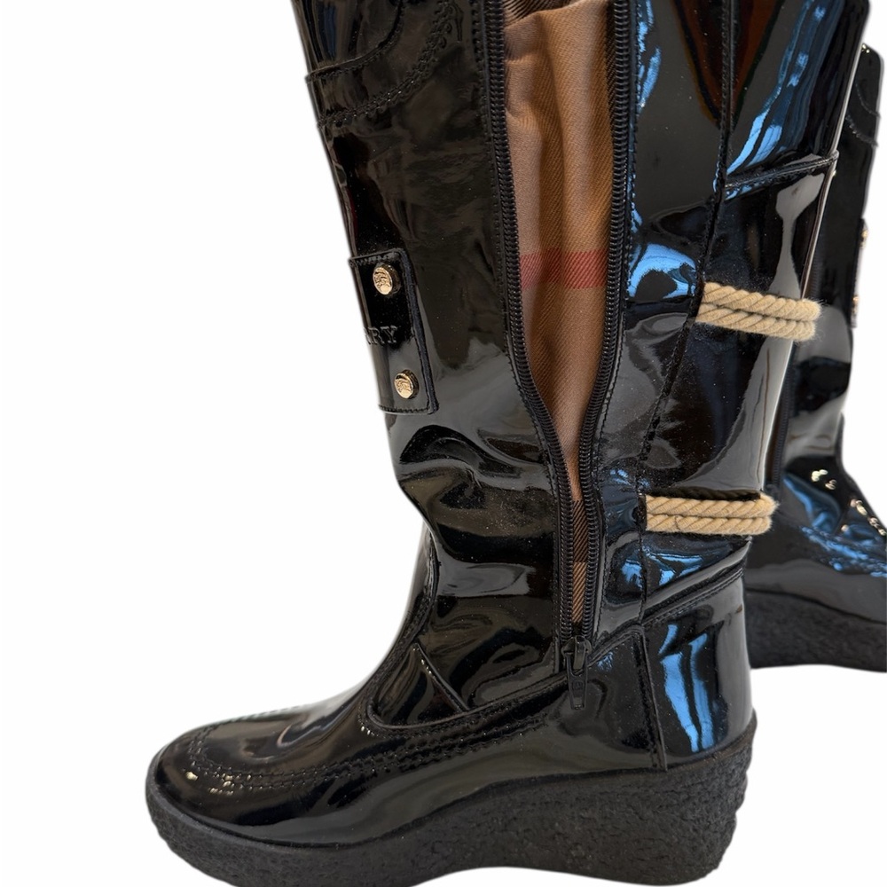 Burberry Black Patent Leather Mid-Calf Boots Platform Wedge Zip Women US 6.5 - Picture 5 of 12